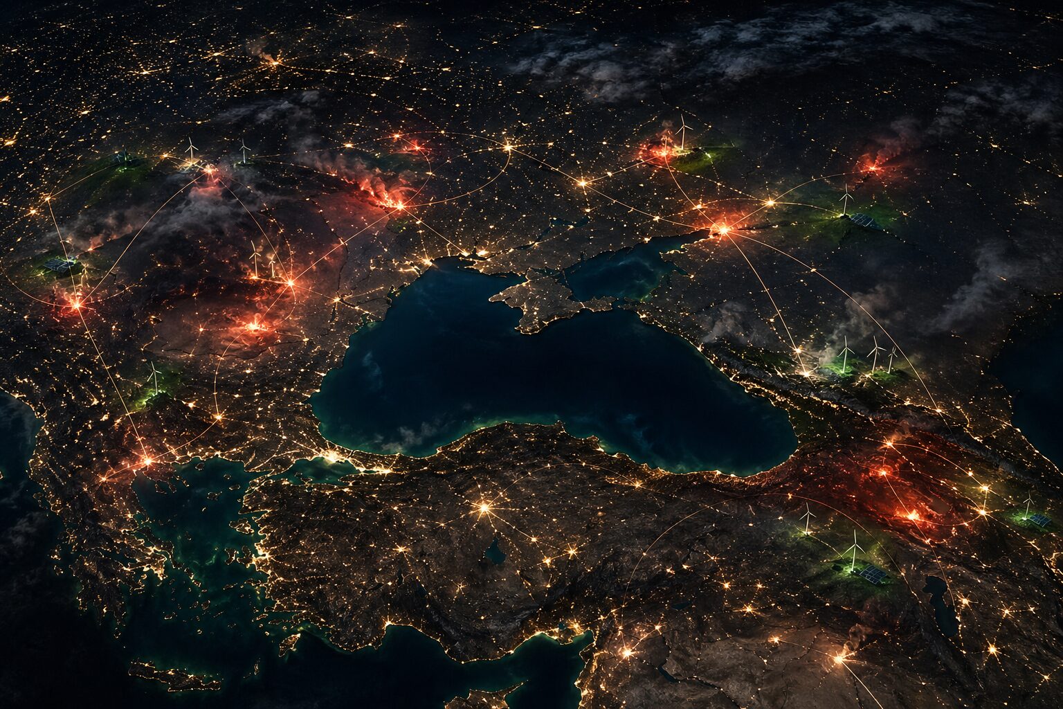 Illustration of the Black Sea region seen from orbit at night, city lights linked by drawn connection lines running across borders.