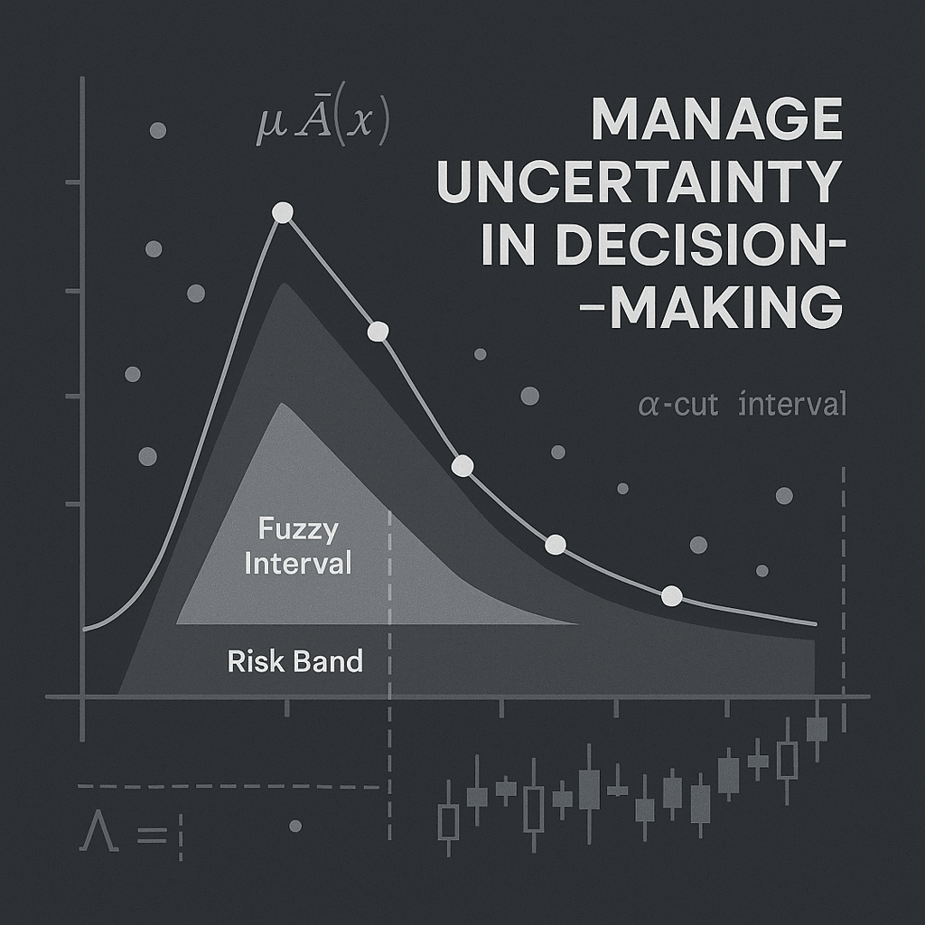 Illustration of a probability curve with a shaded fuzzy interval and a risk band beneath it, captioned Manage uncertainty in decision-making.