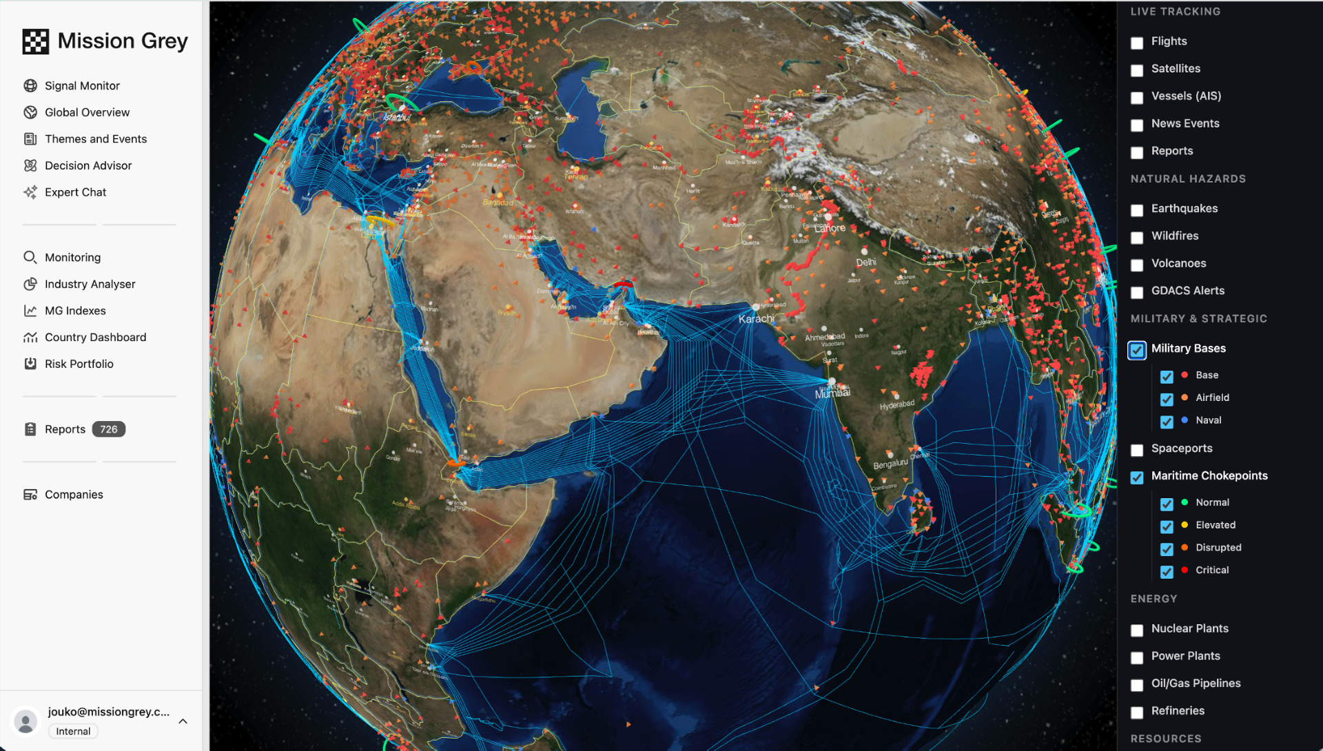 Global signal monitoring on a live globe: tracking layers for flights, satellites, AIS vessels, military bases, and maritime chokepoints with status levels