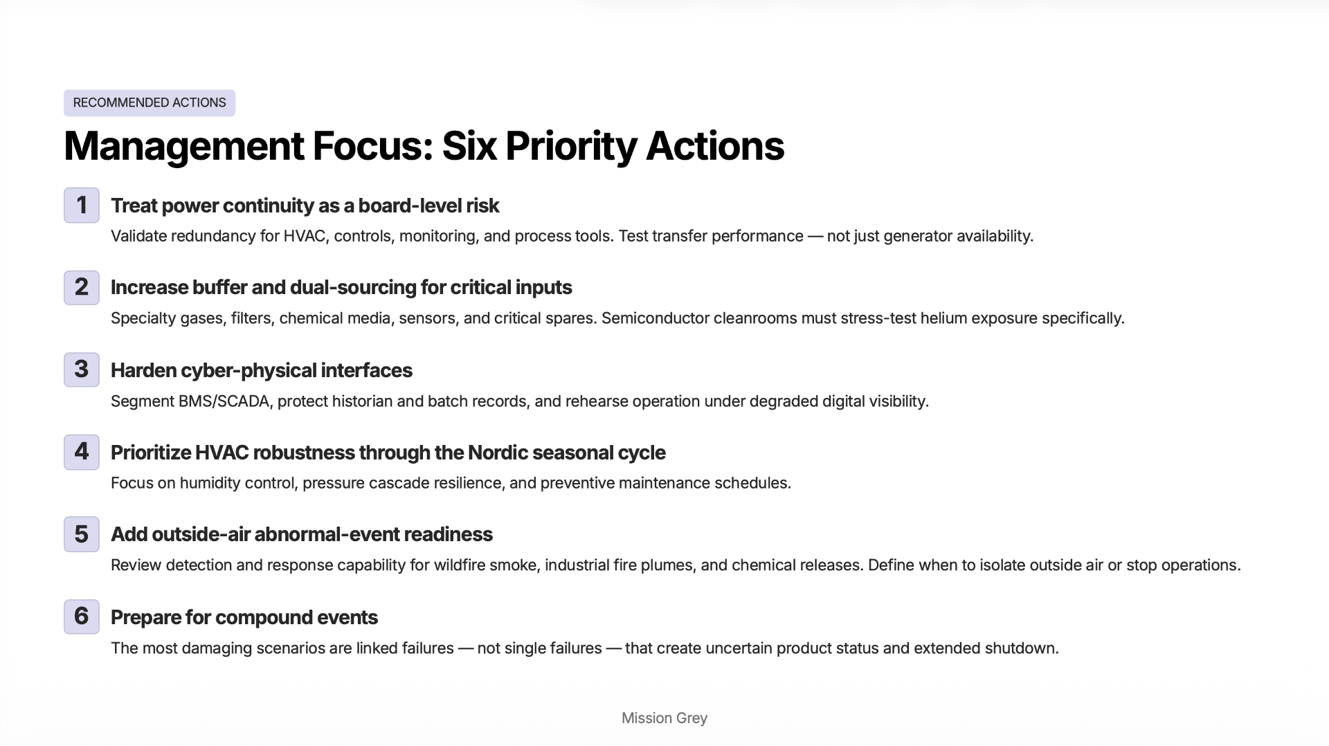 Management-focused output: six priority actions with concrete steps, generated from a risk assessment