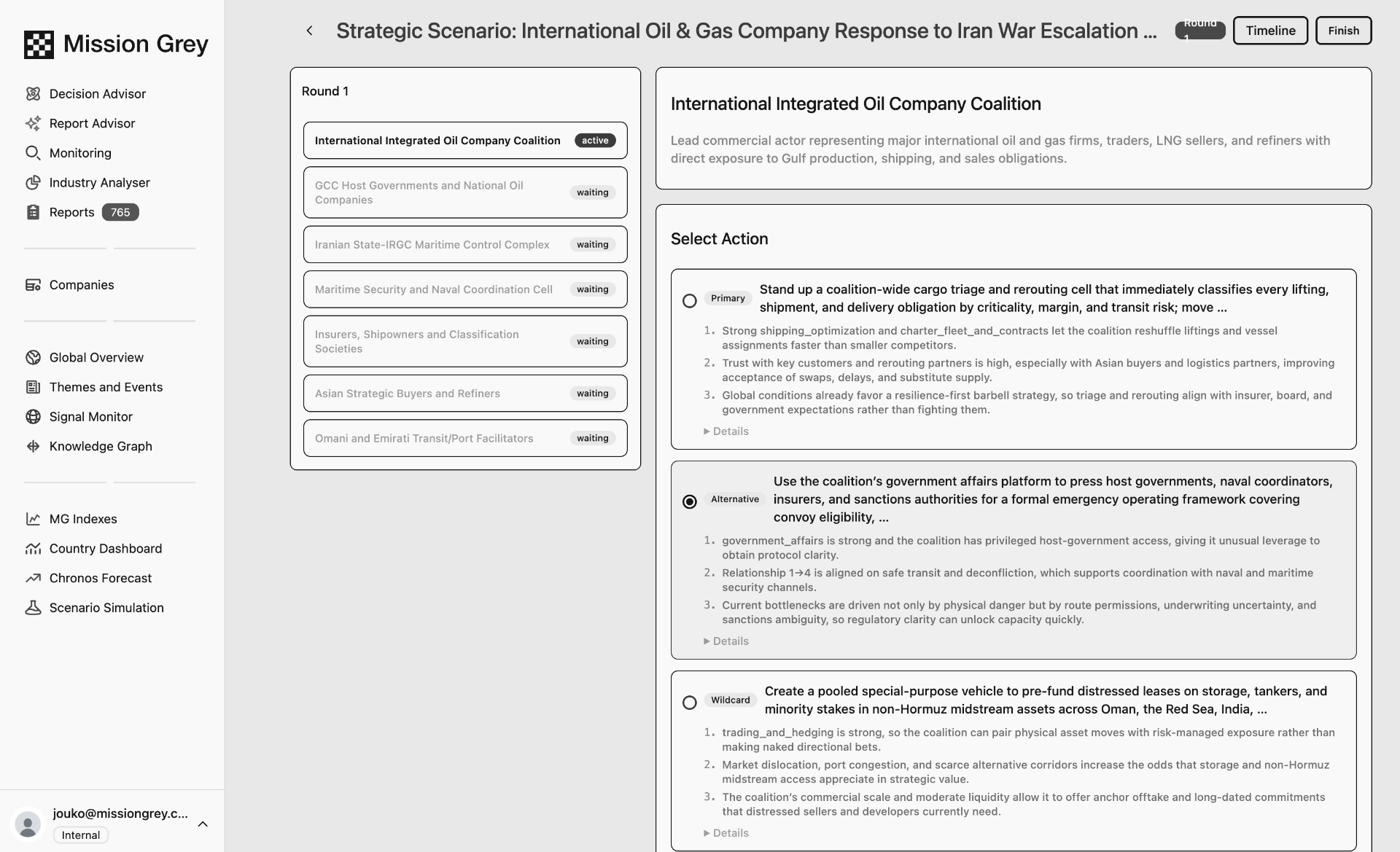 Multi-actor scenario simulation of an oil and gas coalition responding to an escalation, with primary, alternative, and wildcard strategic options